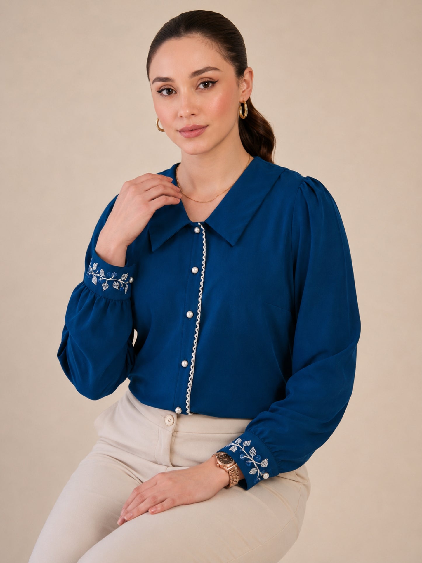 Women Blue Embroidered Cuff Shirt