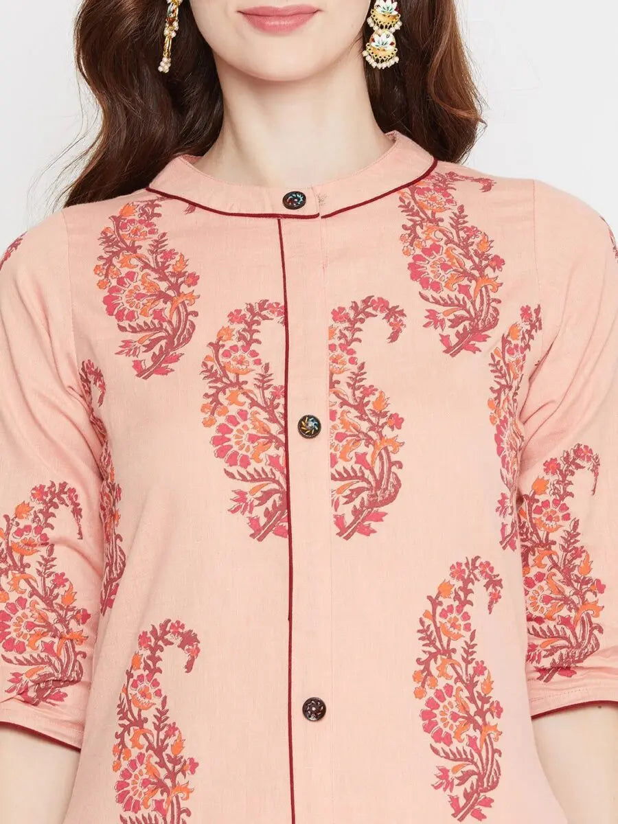 winered-peach-straight-cotton-printed-kurta-and-pant-set