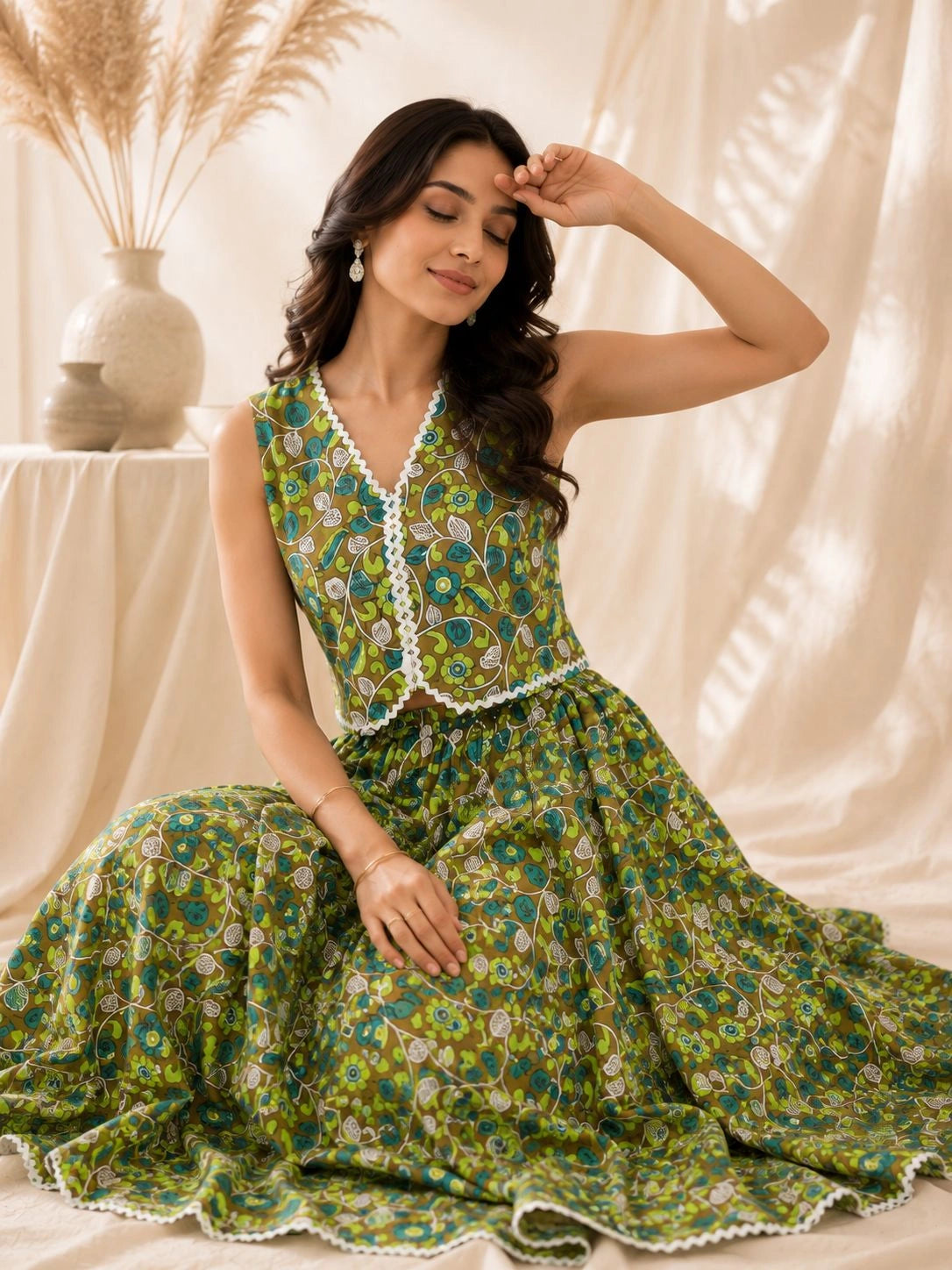 Women's Floral Printed Waistcoat Top and Maxi Skirt Co-Ord Set