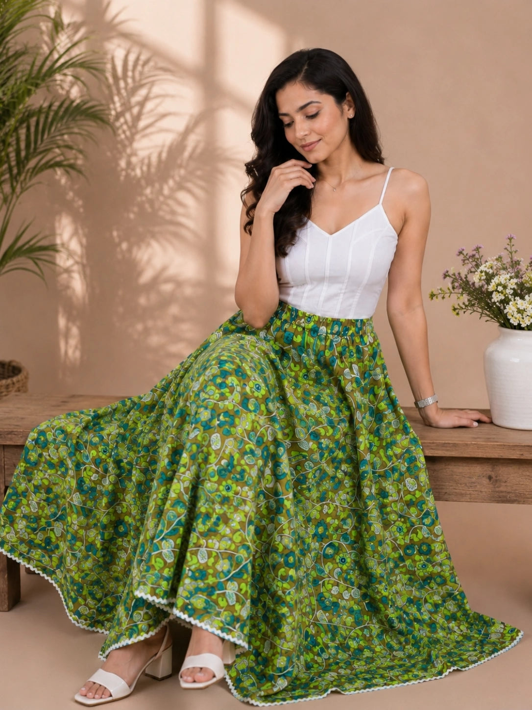 Women Cotton Ethnic Printed Maxi Flared Skirt with Contrast Lace Hem