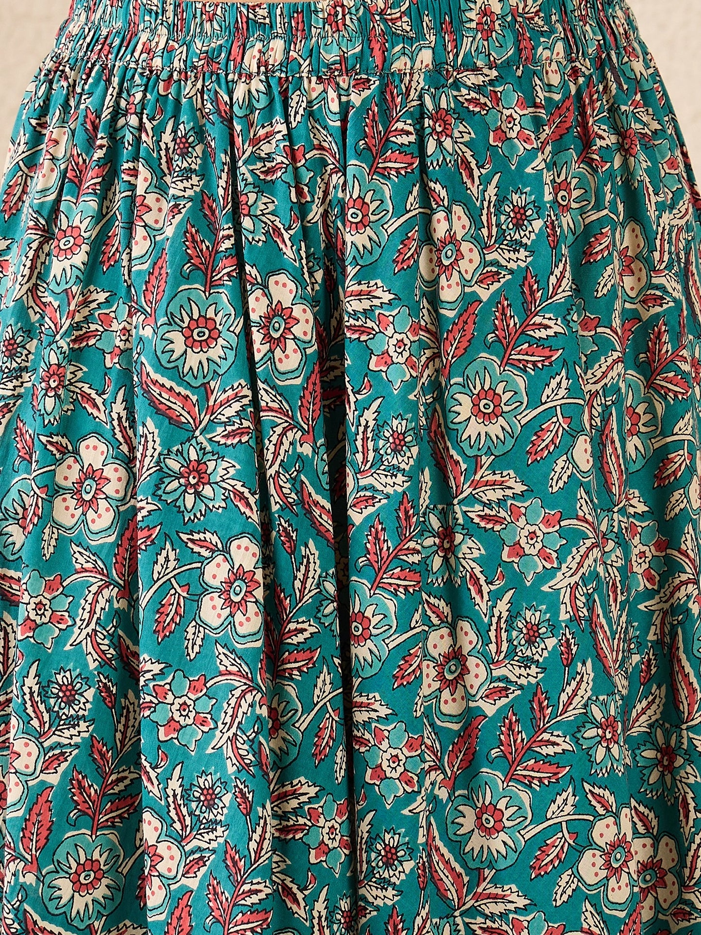 Women Teal Ethnic Printed Cotton Maxi Skirt