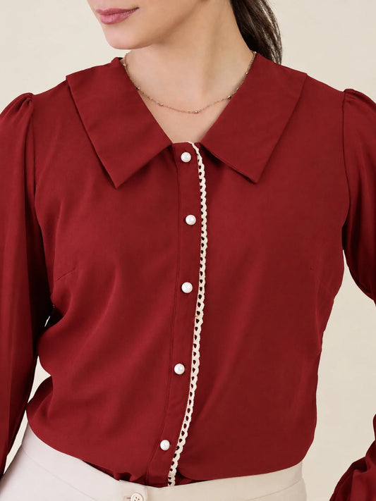 Women Maroon Cuff Embroidered Shirt