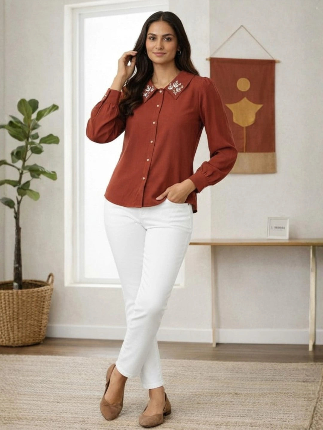 Women Maroon Collared Shirt with Contrast Embriodery
