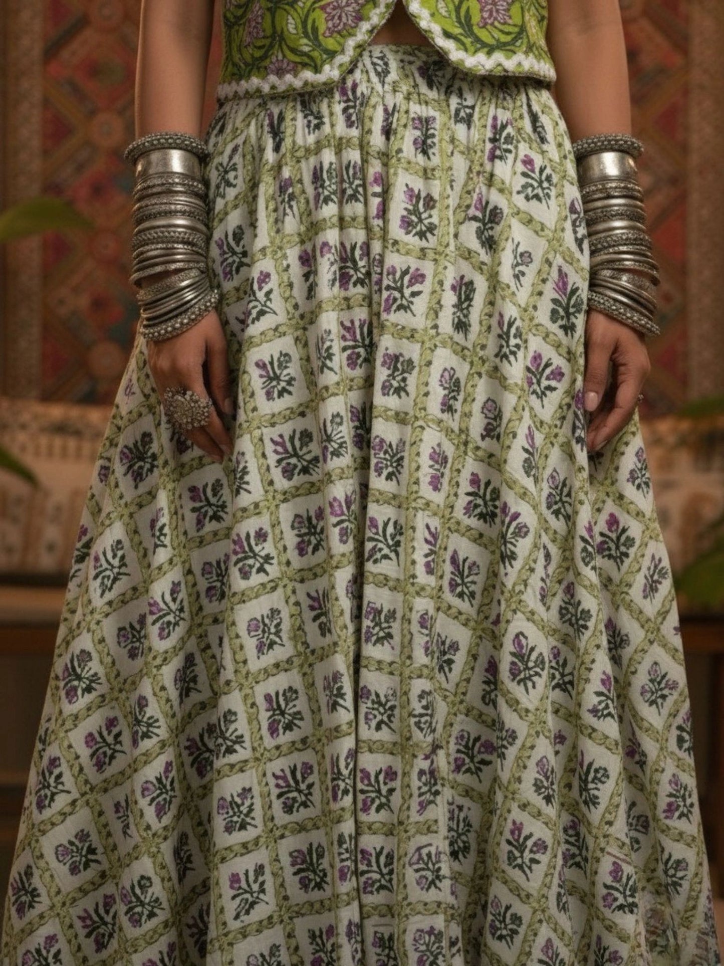 Women White Ethnic Printed Cotton Maxi Skirt