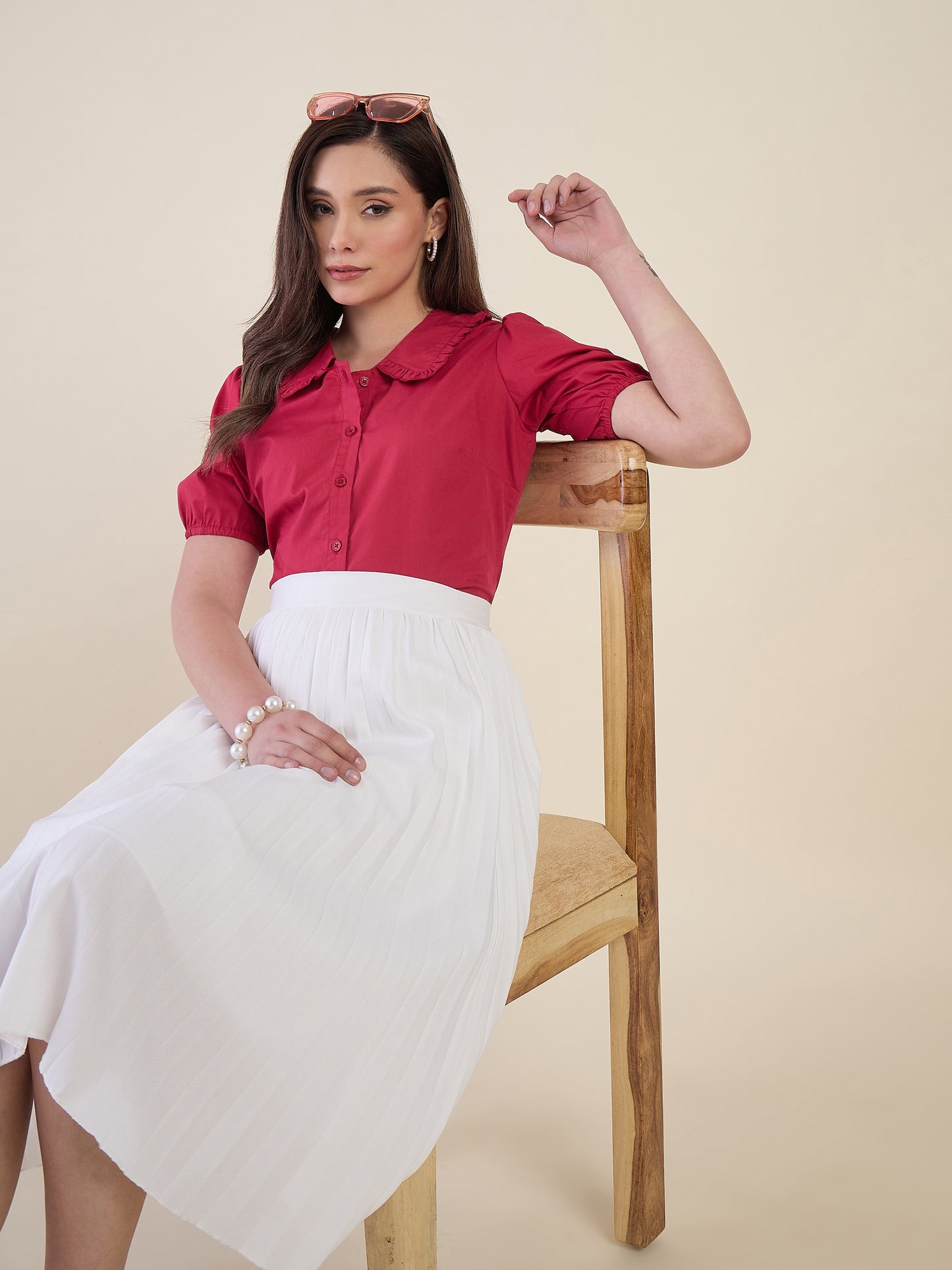 Women Pink Ruffle Collar Puff Sleeve Top
