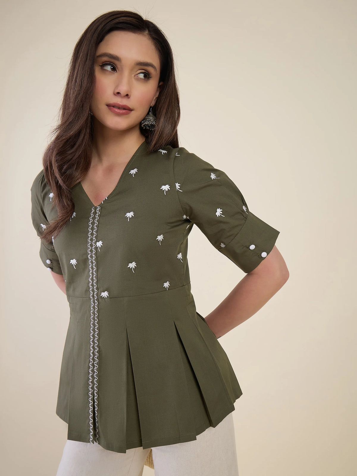 Women Olive Green Floral Embroidered Peplum Top