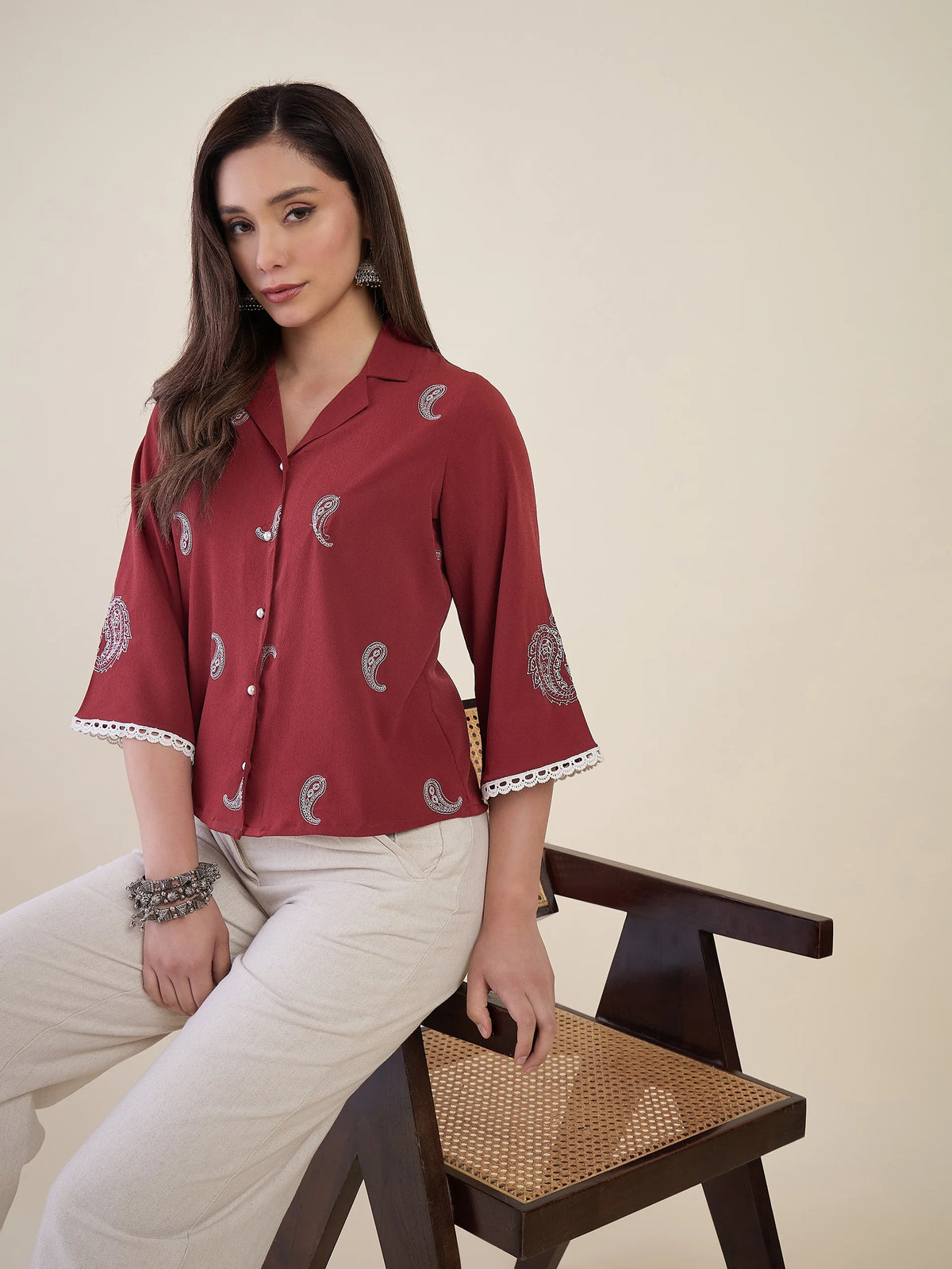 Women Maroon Paisley Embroidered Regular Fit Shirt