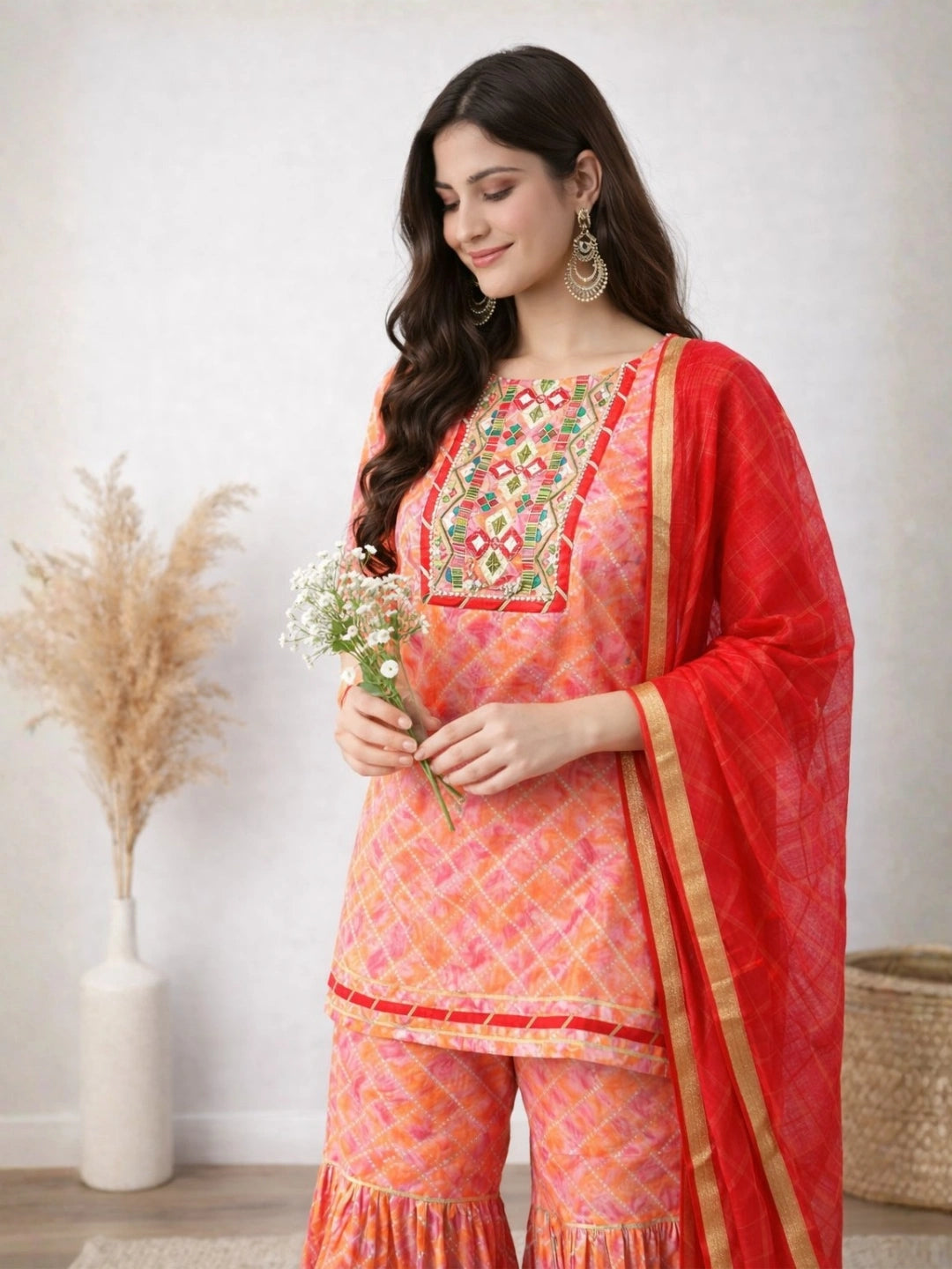 WineRed Woman Orange with Neck Embroiderey Sharara Set