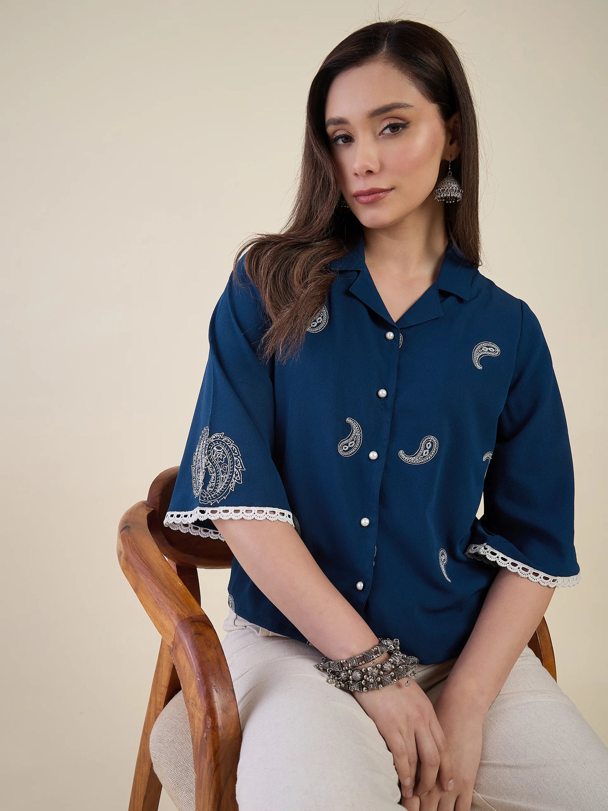 Women Blue Paisley Embroidered Regular Fit Shirt