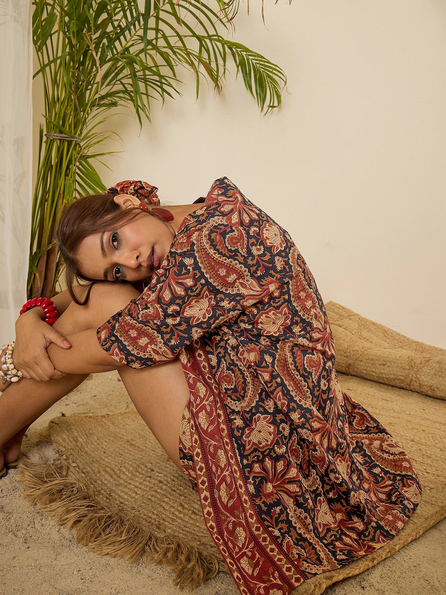 women-cotton-border-printed-shrug-with-shorts-2pc-set