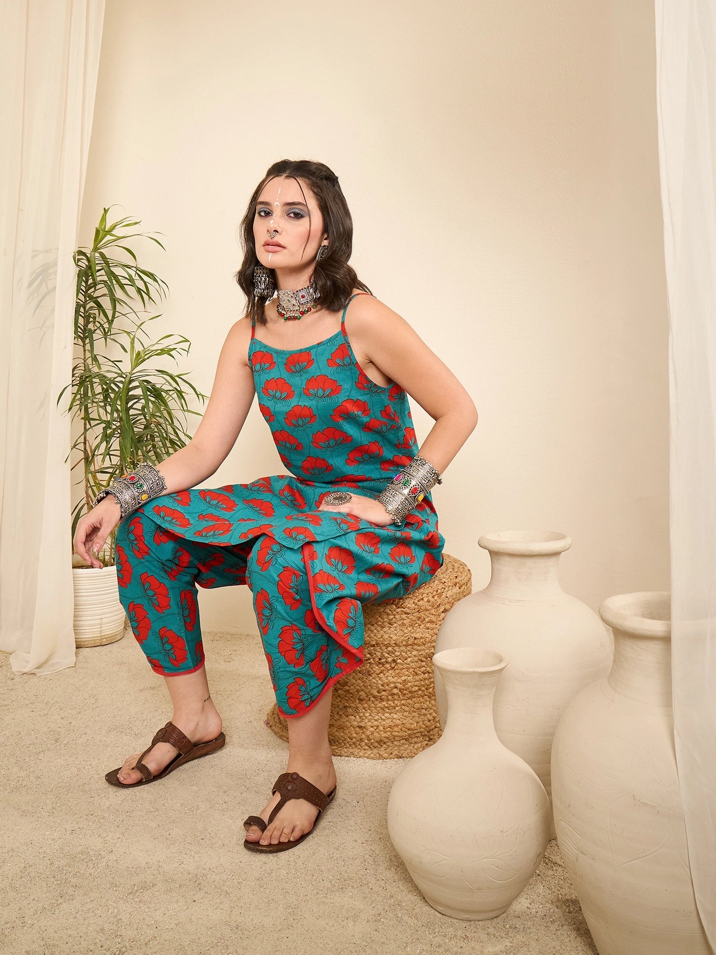 women-teal-lotus-print-strap-kurta-and-dhoti-co-ord-set