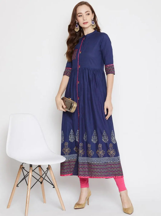 winered-blue-flared-cotton-printed-kurta