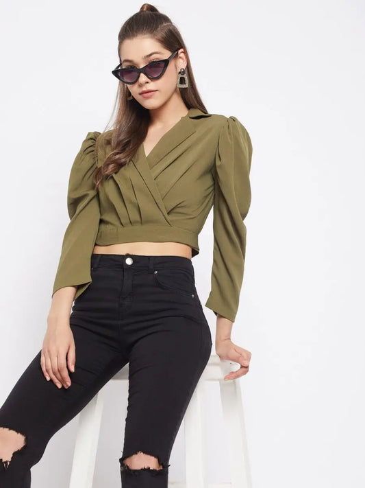winered-dark-green-solid-polyester-crop-top