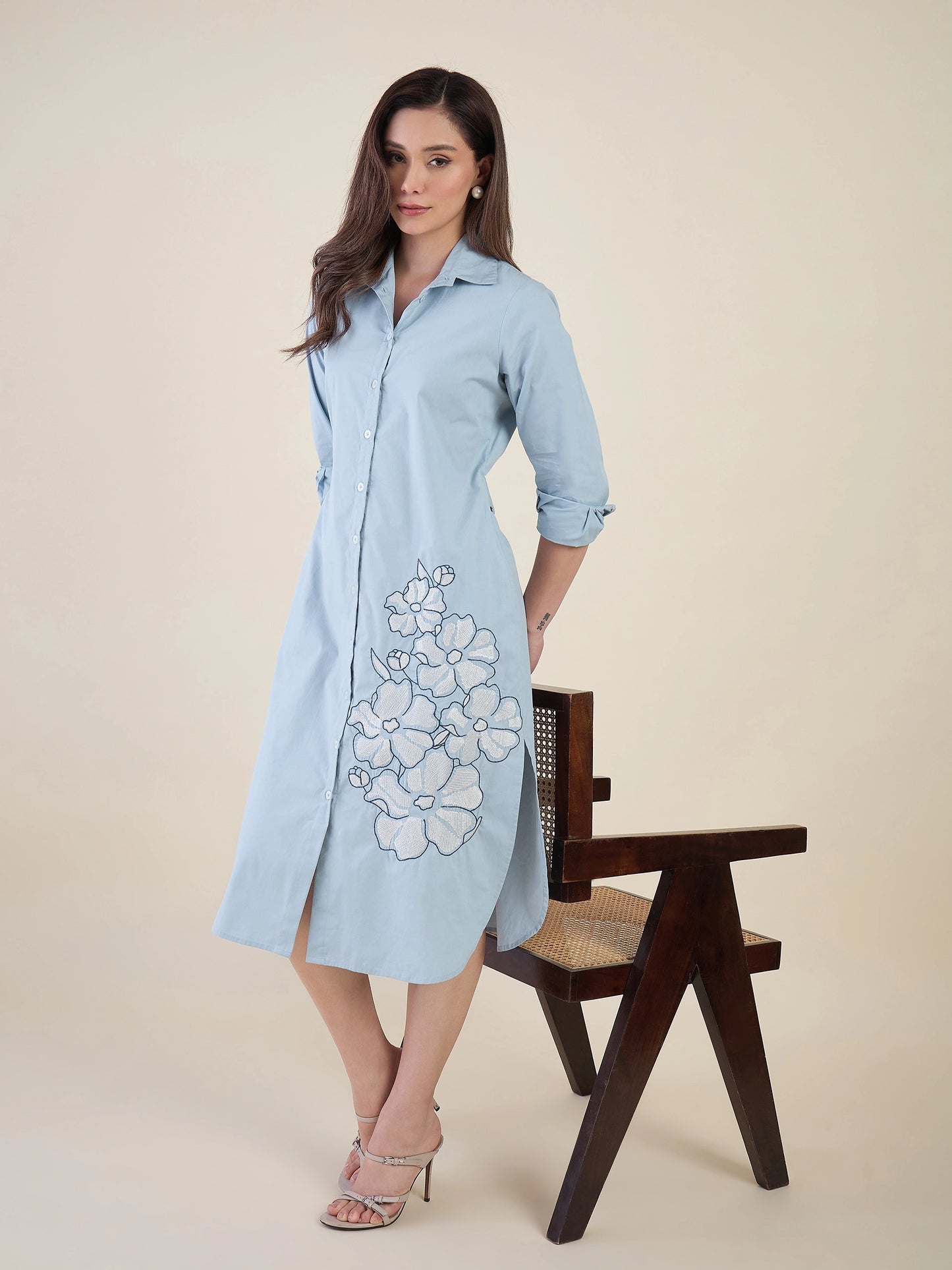 Women Blue Embroidered Button-Down Midi Shirt Dress