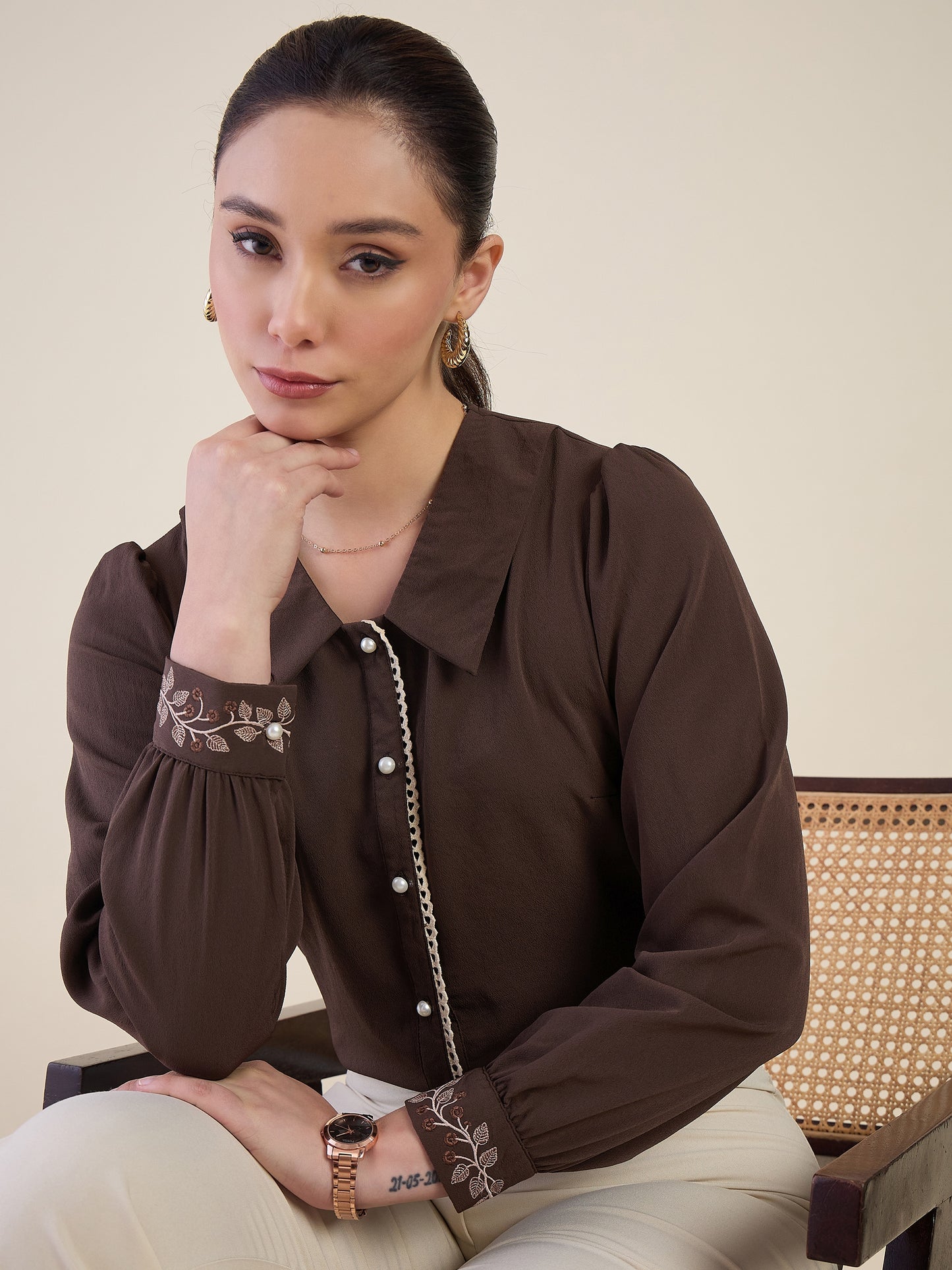 Women Brown Embroidered Cuff Shirt