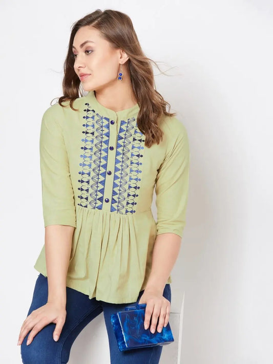 winered-light-green-embroidered-cotton-empire-waist-top