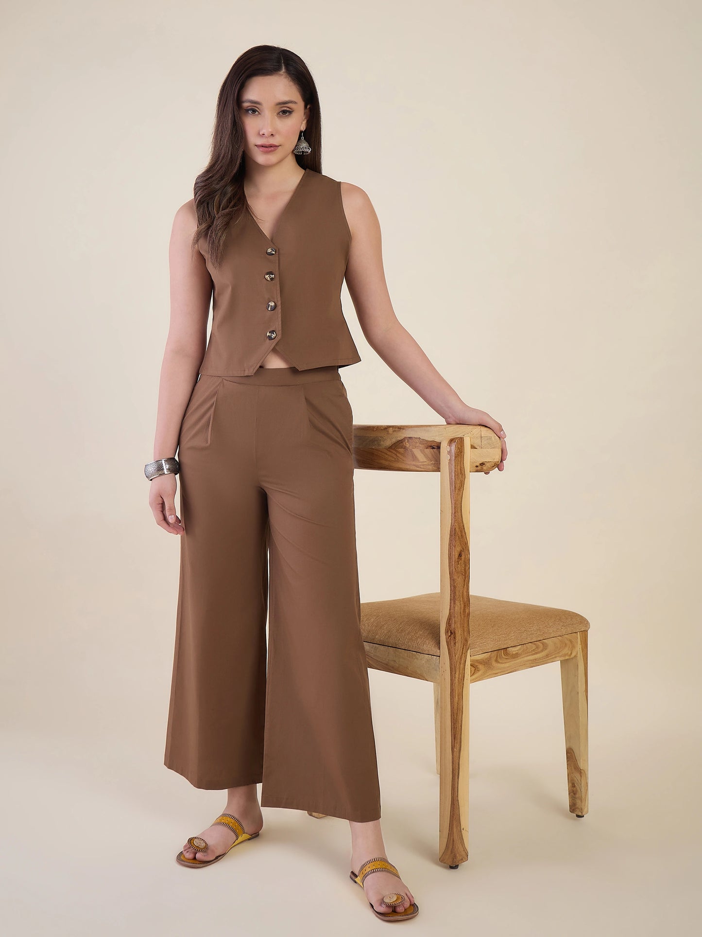 Women Brown Sleeveless Vest Top with Pants Co-ord Set