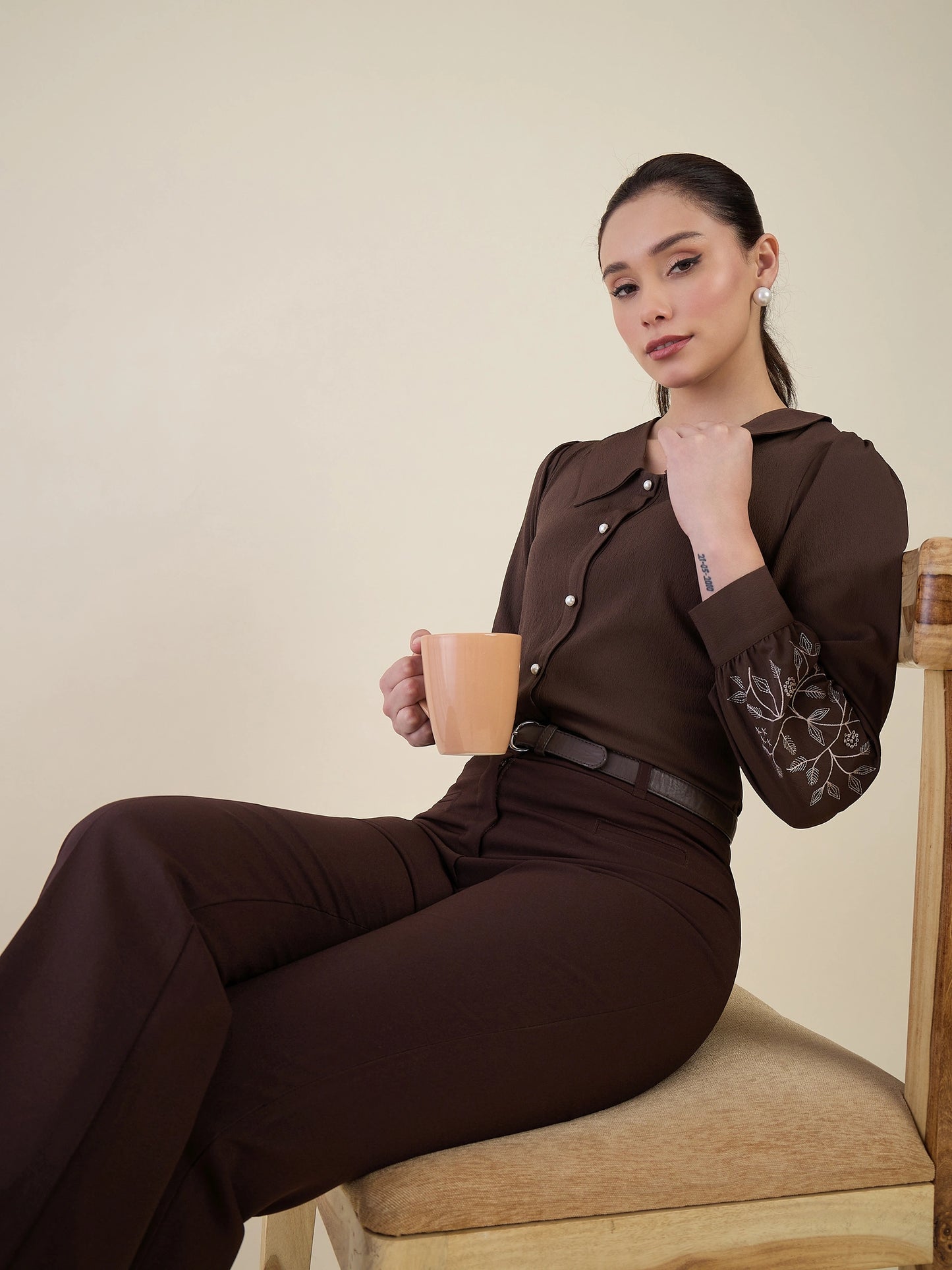 Women Brown Embroidered Peter Pan Collar Shirt