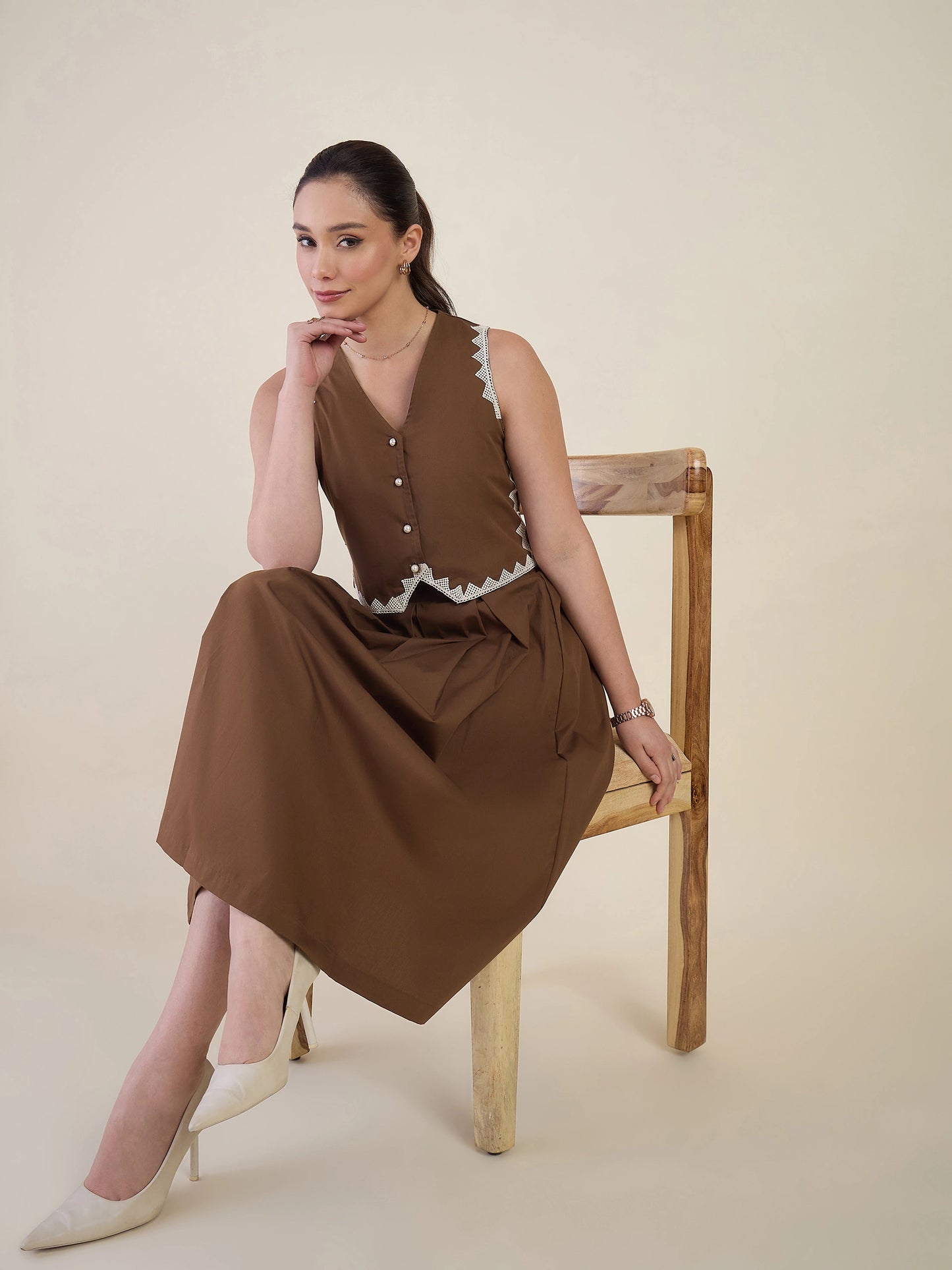 Women Brown Vest & Skirt Co-ord Set