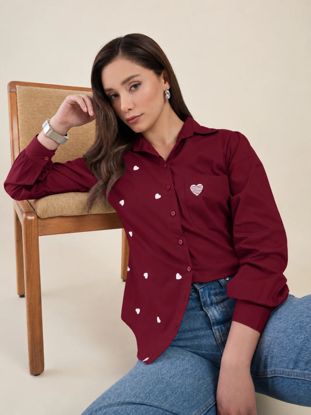Women Burgundy Heart Embroidered Casual Shirt