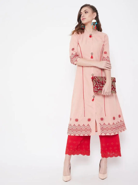 winered-peach-a-line-cotton-embroidered-kurta