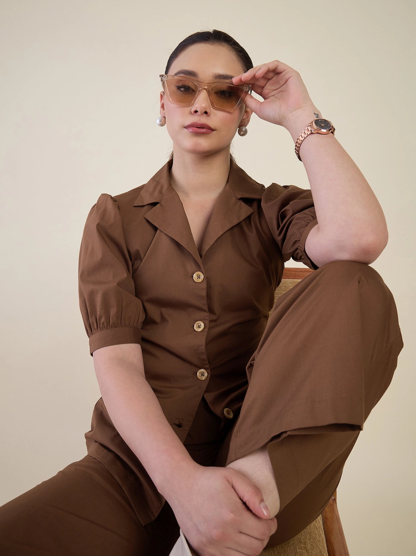 Women Brown Puff Sleeves Co-ord Set