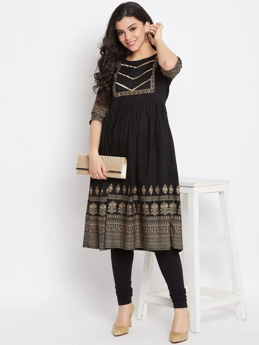 winered-black-flared-cotton-floral-print-kurta