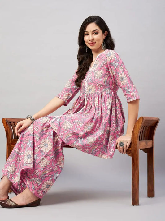winered-woman-pink-floral-print-lace-detailing-sharara-set
