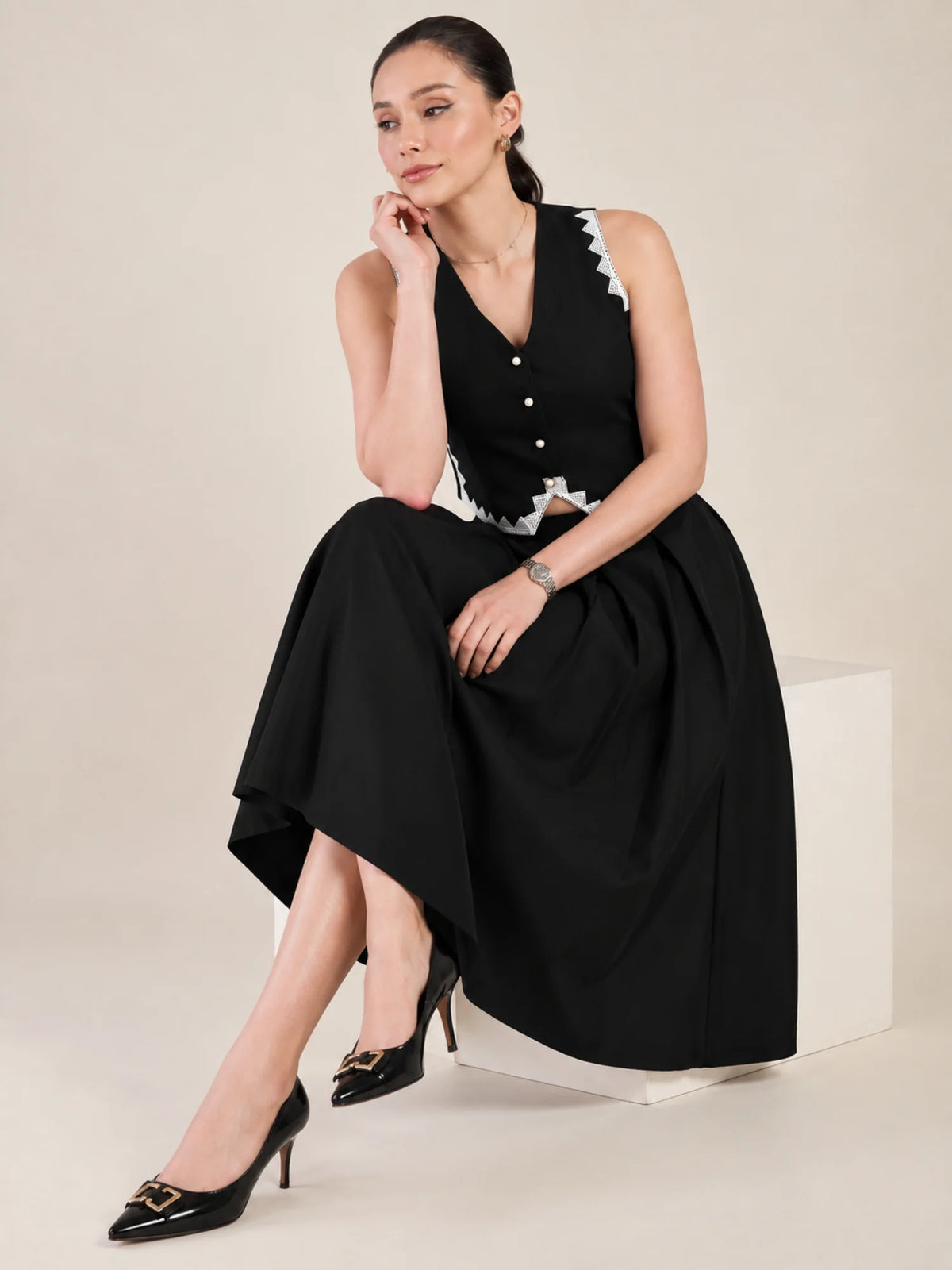 Women Black Vest & Skirt Co-ord Set
