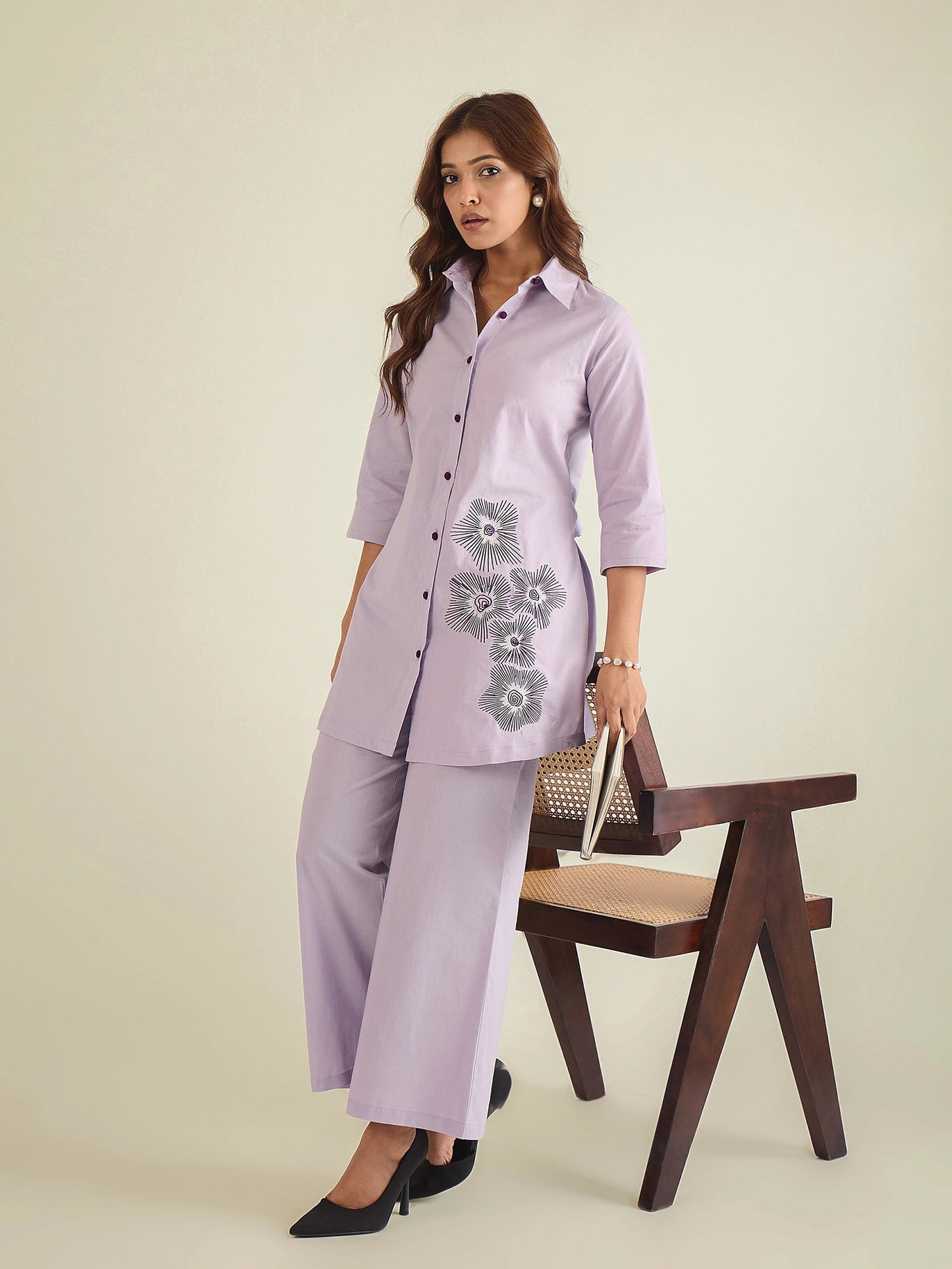 Women Lavender Cotton Embroidered Shirt with Pant Co-ord Set