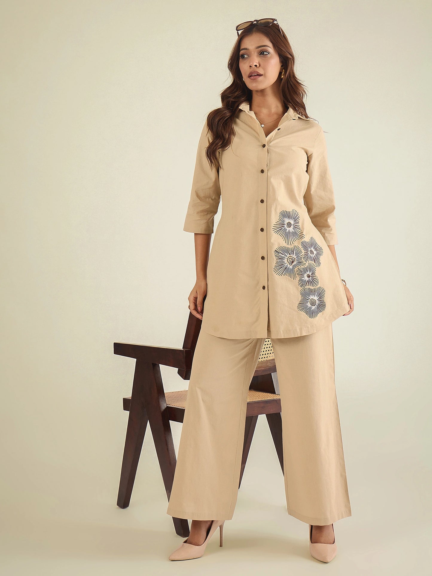 Women Beige Cotton Embroidered Shirt with Pant Co-ord Set
