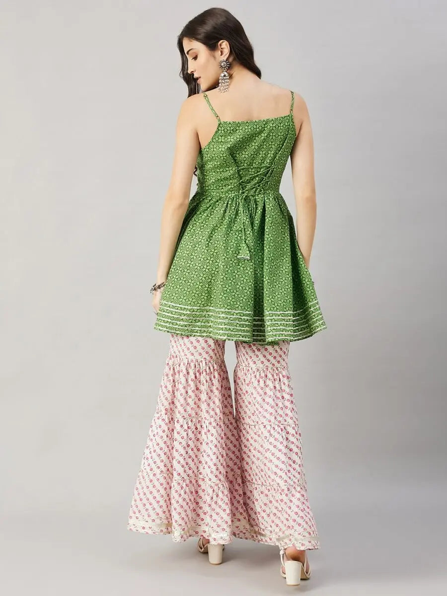 winered-woman-green-flared-kurti-sharara-set