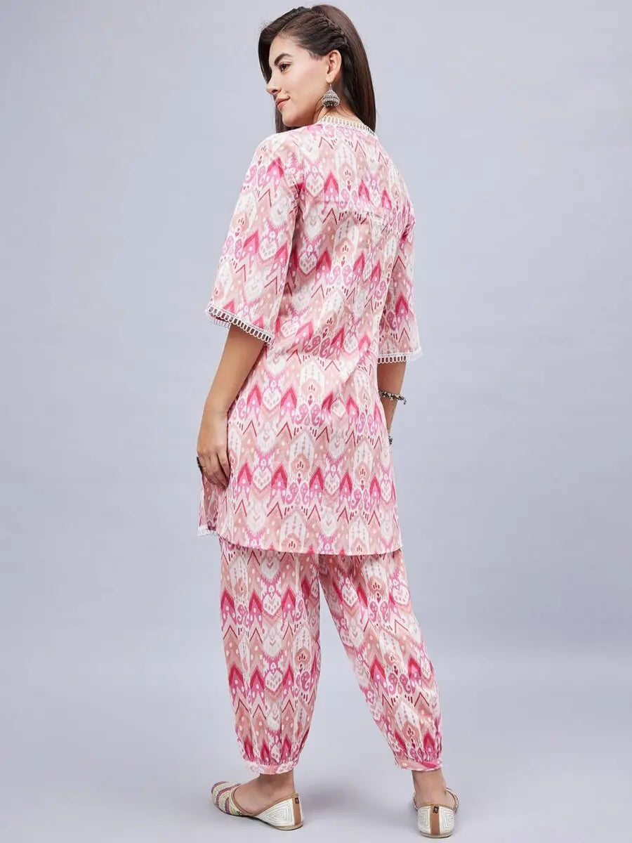 winered-woman-pink-printed-lace-detailing-co-ord-set