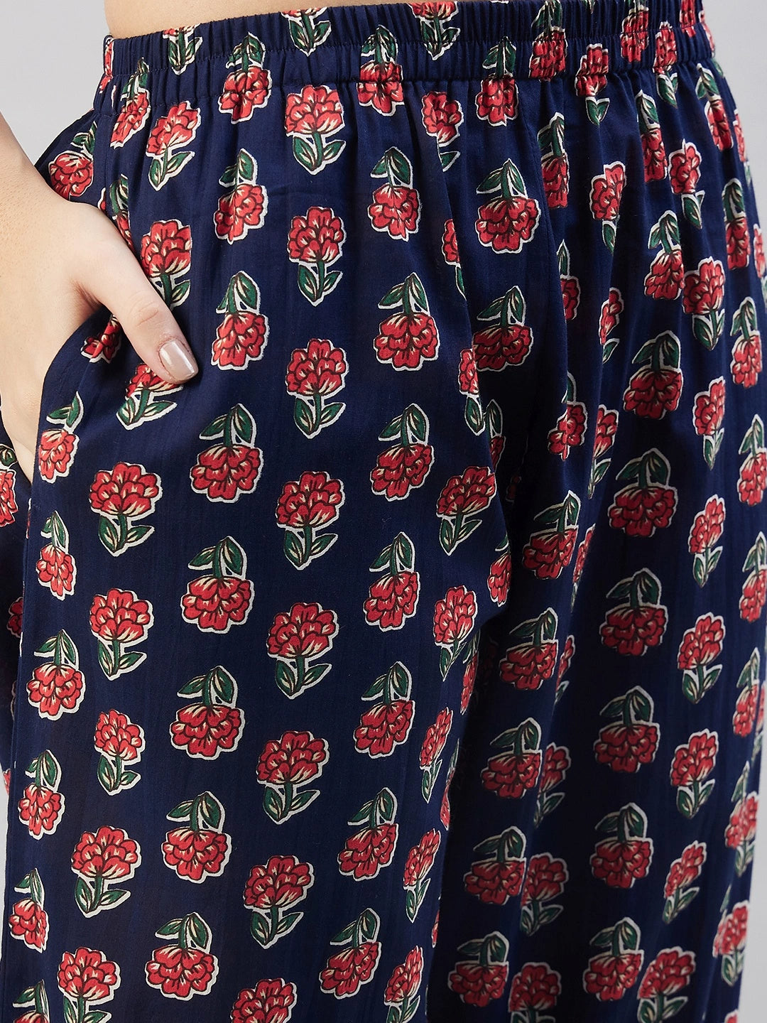 WineRed Woman Navy Blue Floral Print Naira Cut Kurta Set