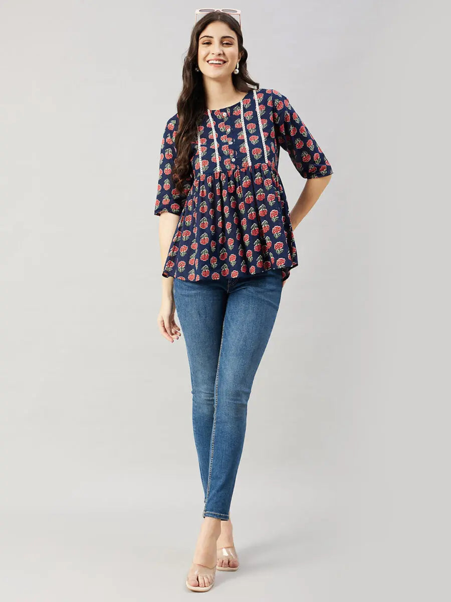 winered-women-blue-floral-print-yoke-lace-top