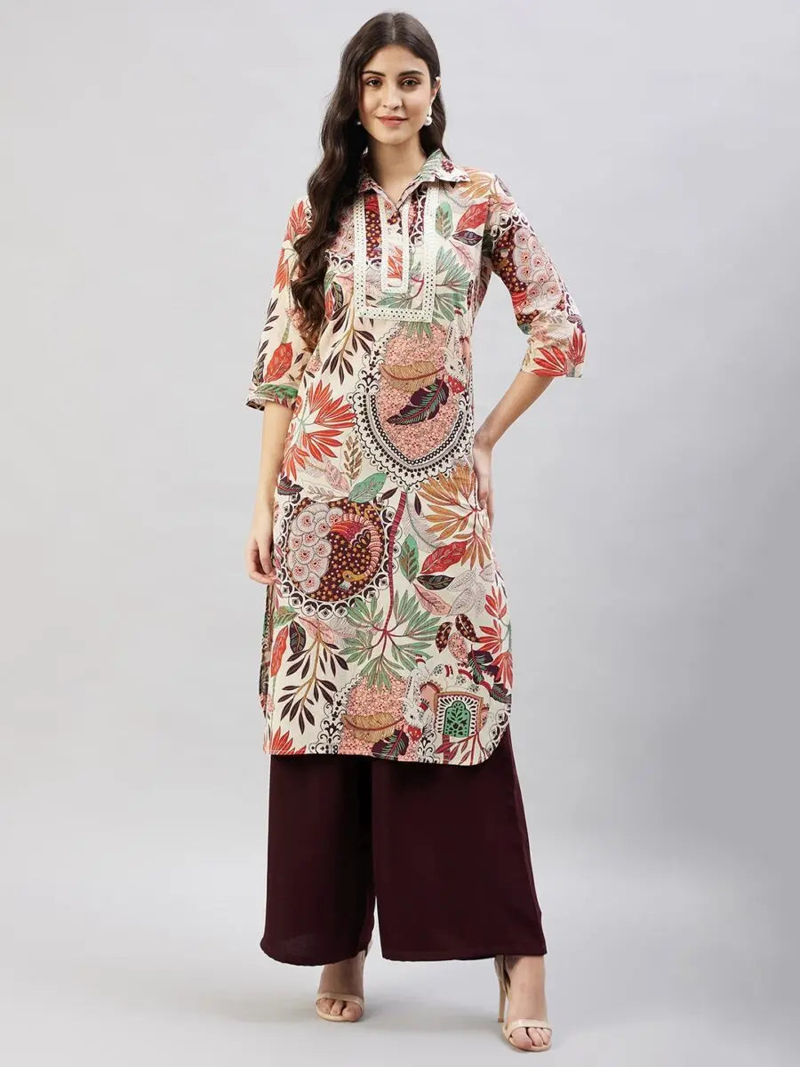 winered-women-beige-peacock-print-embroidered-neck-kurta