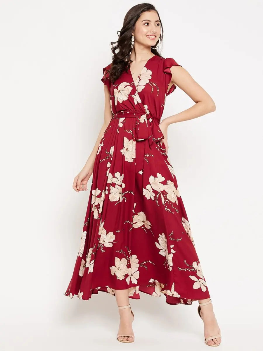 winered-indo-western-style-for-girls-maroon-floral-printed-butterfly-sleeve-belted-dress