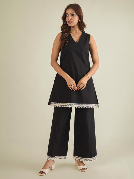 women-black-cotton-poplin-lace-detailed-tunic-with-pant-co-ord-set