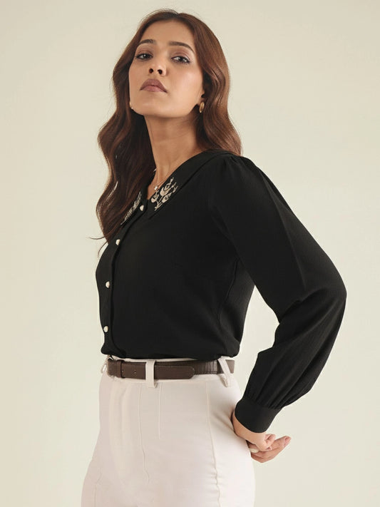 WineRed Women Black Collared Shirt with Contrast Embriodery