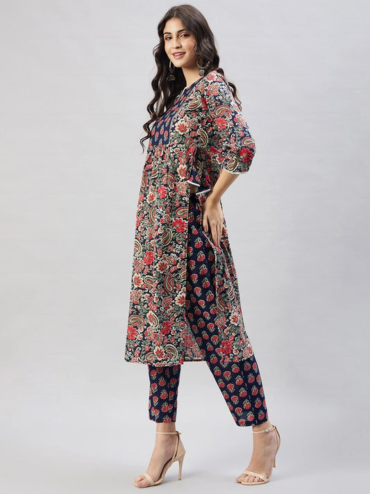 WineRed Woman Navy Blue Floral Print Naira Cut Kurta Set