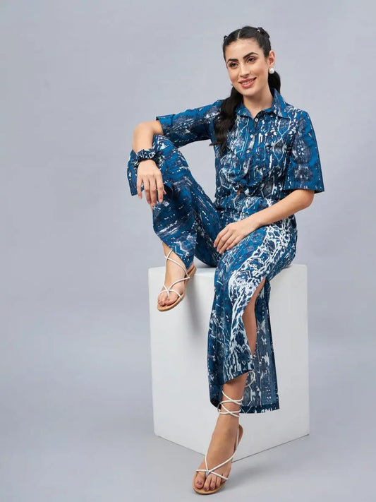 winered-woman-blue-front-knot-crop-shirt-with-flared-pant