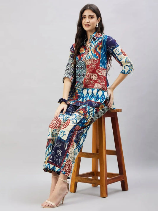 winered-woman-navy-blue-multi-patch-print-collared-co-ord-set