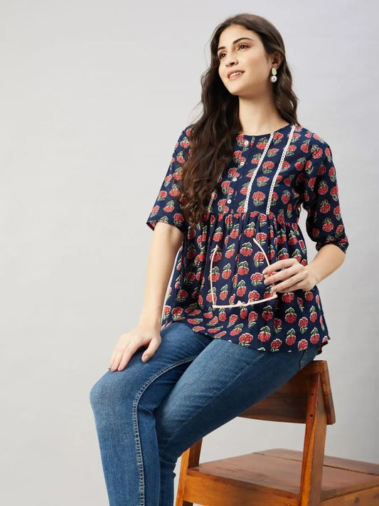 winered-women-blue-floral-print-yoke-lace-top