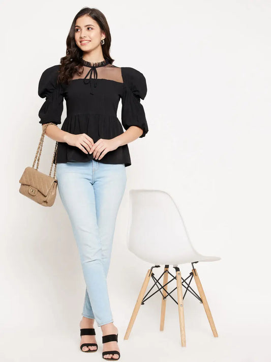 winered-women-power-shoulder-net-neck-peplum-top