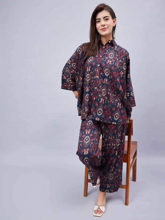 winered-woman-navy-blue-geometric-print-kaftan-ethnic-rayon-cotton-co-ord-set