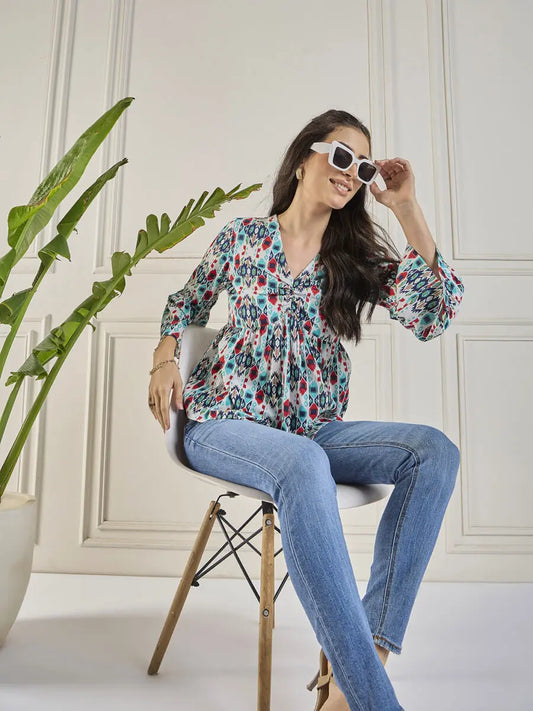 winered-women-printed-ruched-v-neck-top