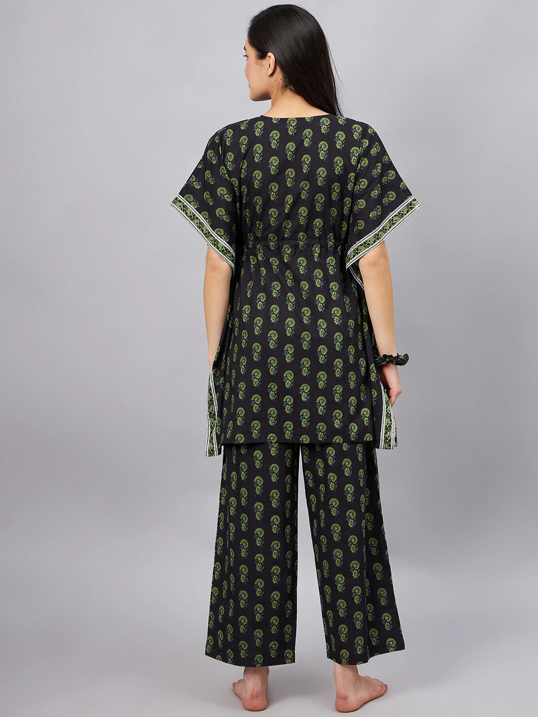 winered-woman-black-and-green-floral-print-kaftan-night-suit-set-with-scrunchie