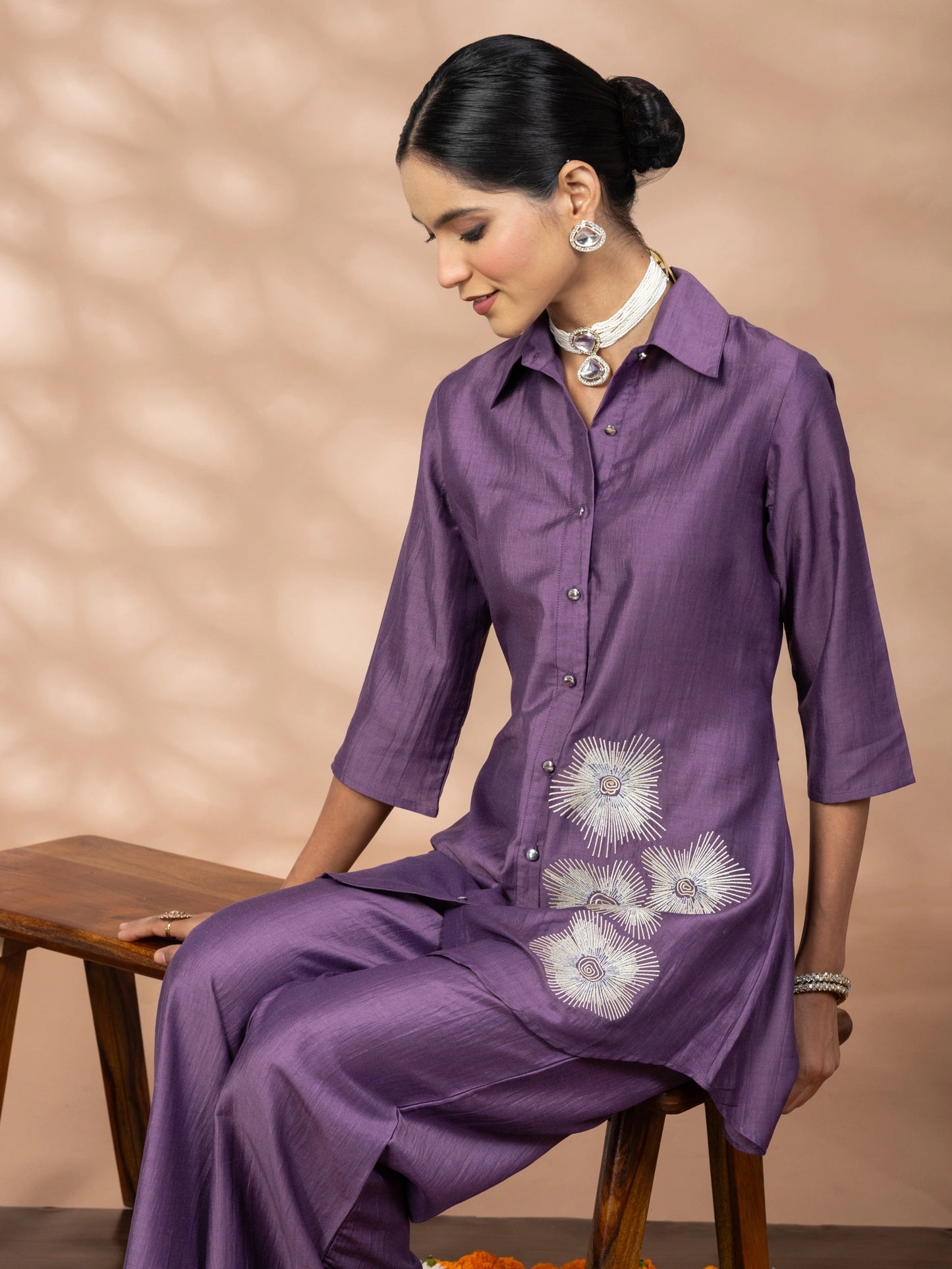 Women Purple Embroidered Polyester Shirt & Pant Co-ord Set