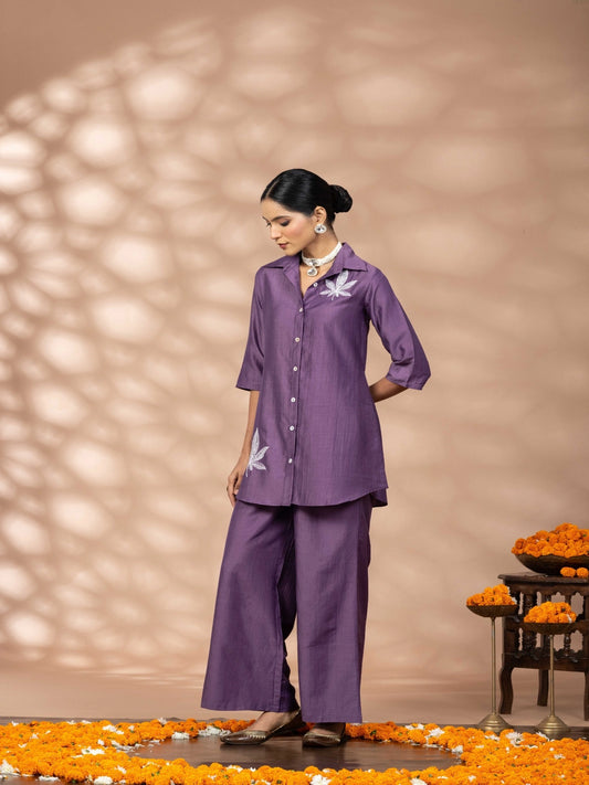 Women Solid Purple Leaf Embroidery Co-Ord Set
