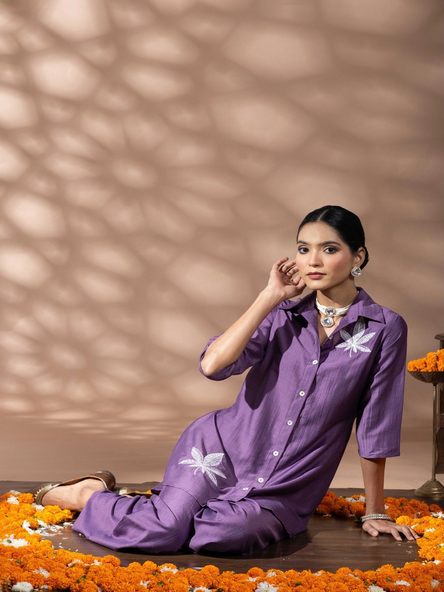 Women Solid Purple Leaf Embroidery Co-Ord Set
